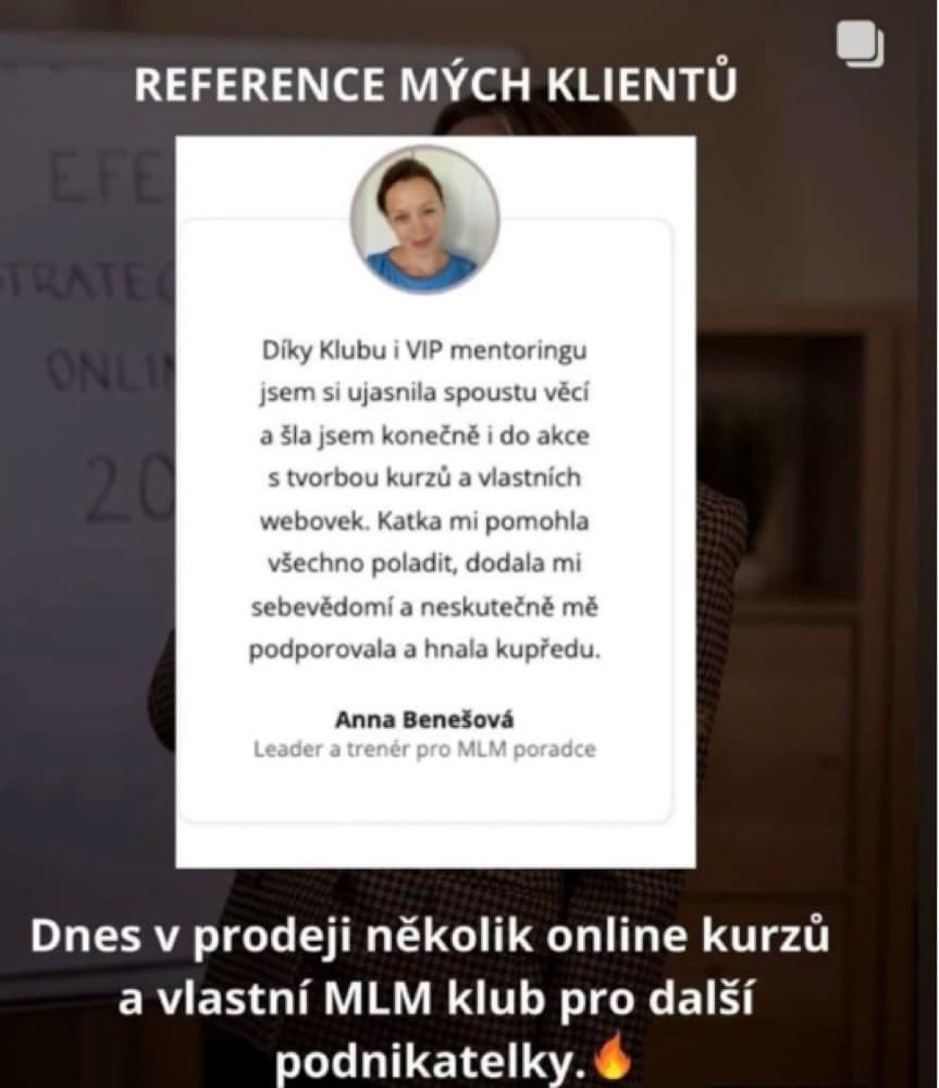 Reference klientky Anny Benešové o klubu a VIP mentoringu